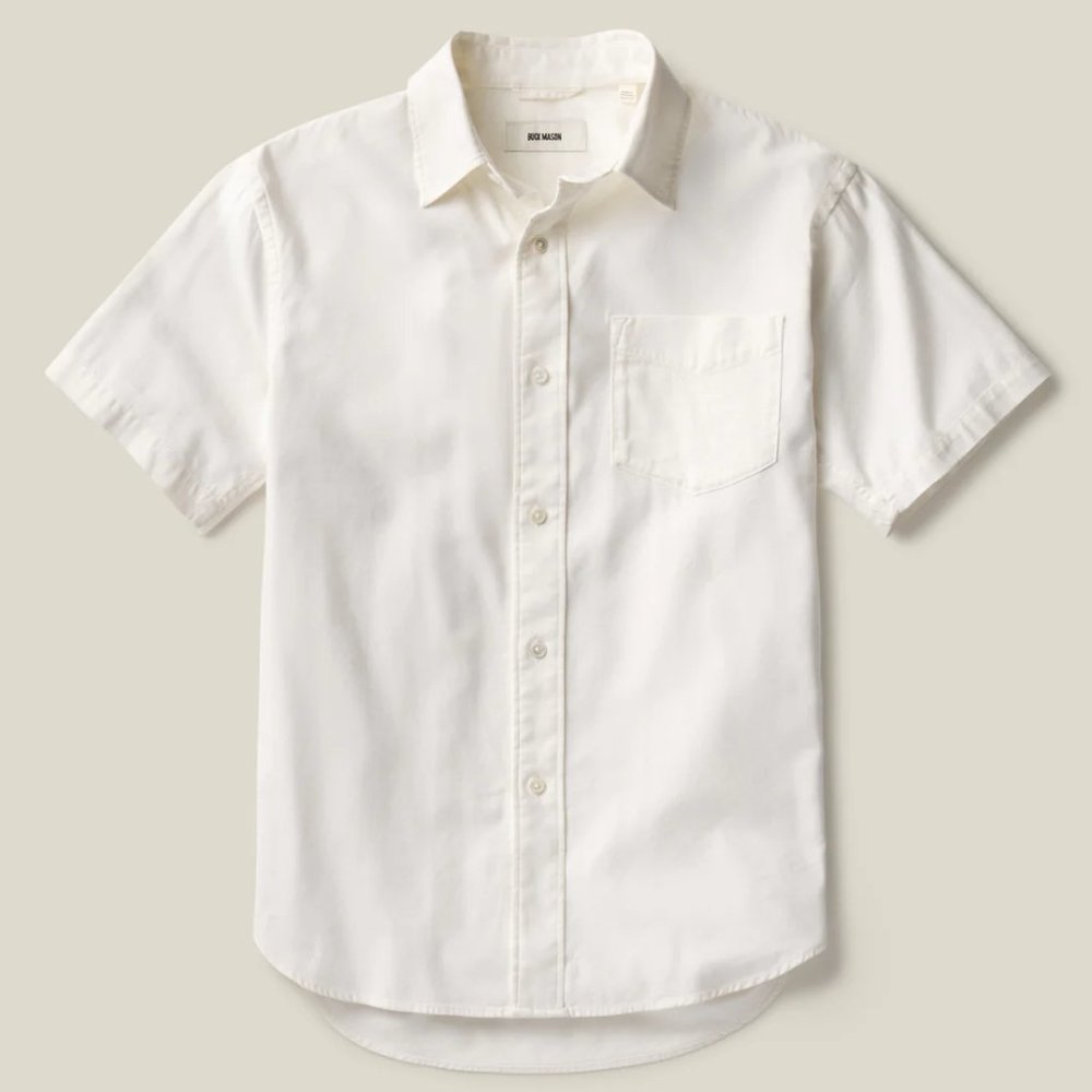 Two (2) Buck Mason short/sleeved Button-Up Pocket shirts, White + Green